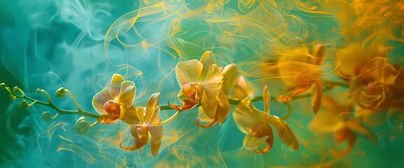 Orchid smoke dancing in harmony with a background of goldenrod and emerald green.