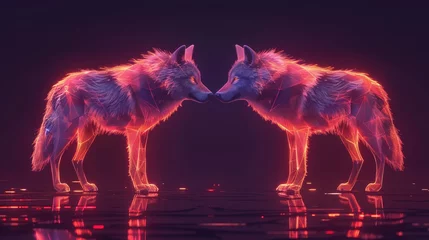 Tuinposter   Two wolves face one another against a backdrop of darkness Red and pink lights illuminate the scene © Nadia