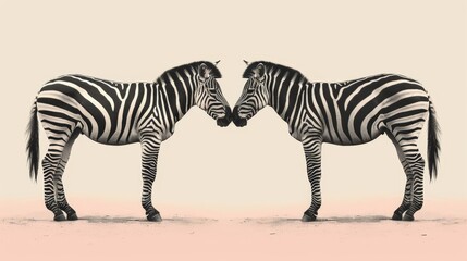 Fototapeta premium Two zebras stand side by side on a parched grass field, framed by a rosy pink sky