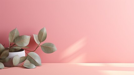 Sparse leaves, clean pastel pink wall, minimalistic, natural light