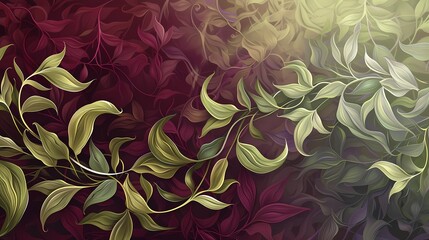 Olive green tendrils dancing in harmony with a background of deep burgundy and muted lavender. - obrazy, fototapety, plakaty