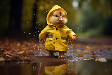 A fluffy duckling wearing a raincoat and rain boots, splashing in puddles.