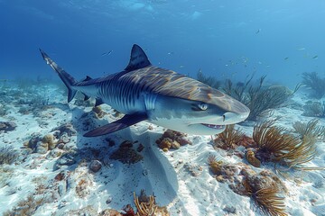 Fototapeta premium Large tiger shark swimming gracefully in a vibrant marine ecosystem