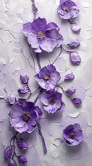 an oil painting with purple flowers and leaves