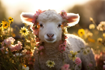 A fluffy lamb wearing a floral wreath, nestled in a field of flowers.