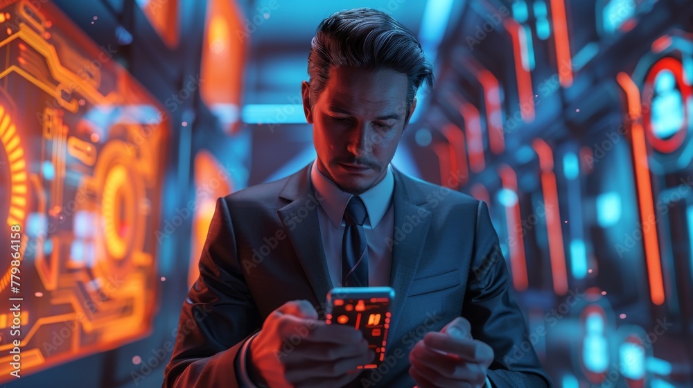 Poster Mobile phone 3D rendering for tech devices and icons connected to a businessman's mobile phone