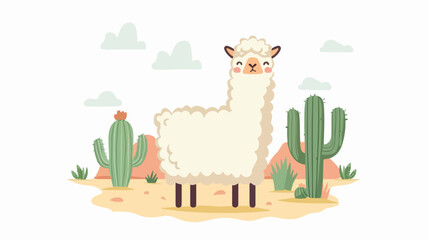 Cute cartoon Alpaca with cactuses design background.