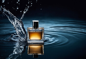 Elegant perfume glass bottle ads upon water surface