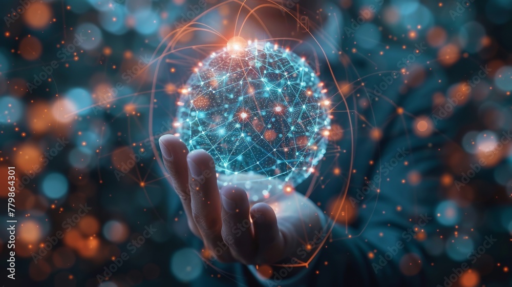 Aufkleber a blurred background shows a businessman touching a flying network sphere in 3d