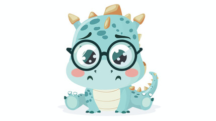 Cute cartoon sad dragon or dino with glasses. Funny 