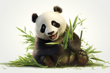 A fluffy panda wearing a bamboo-patterned shirt, munching on bamboo shoots.
