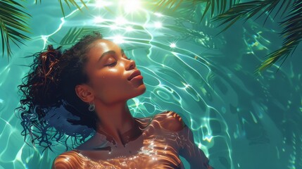 In this digital illustration, a girl is seen sunbathing by the pool surrounded by palm trees on a tropical vacation - obrazy, fototapety, plakaty