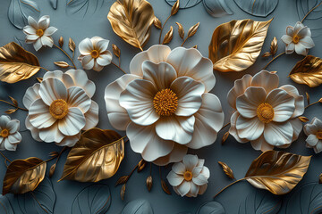 3D wall art, flowers with gold leaves, white and cream color palette. Created with Ai