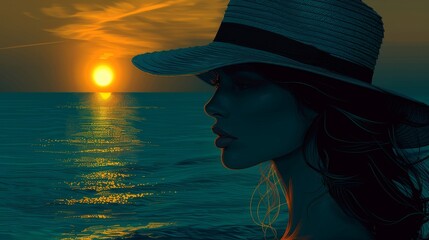Tourist summer vacation girl in a hat posing on the yacht sailboat landscape of the ocean in blue color palette