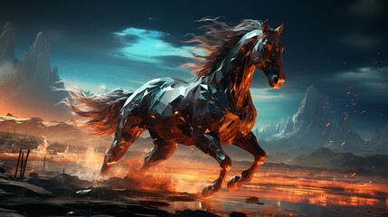 A holographic horse galloping across a digital plain - obrazy, fototapety, plakaty
