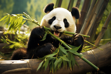 A fluffy panda wearing a bamboo-patterned shirt, munching on bamboo shoots. - obrazy, fototapety, plakaty