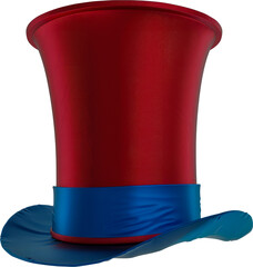 Striking red and blue shiny top hat, a classic costume accessory for performances and parties cut out on transparent background - obrazy, fototapety, plakaty