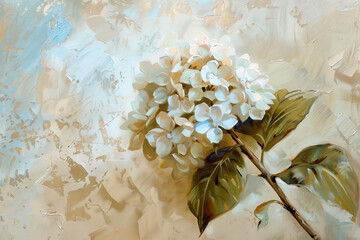 Oil painting with white hydrangea flowers on a beige background, palette knife strokes
