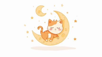 Cute cat is on the moon. Animal cartoon concept isolated on white background 