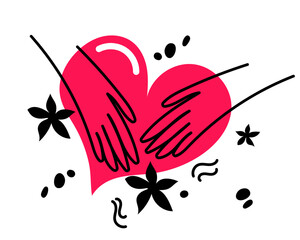 Hands holding heart. Absolute love, charity, kindness symbol concept. Hand-drawn doodle simple vector illustration. Drawing isolated on white background. - obrazy, fototapety, plakaty