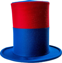 Striking red and blue shiny top hat, a classic costume accessory for performances and parties cut out on transparent background - obrazy, fototapety, plakaty