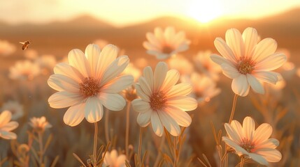   A field brimming with white blooms A bee hovers amidst a flower's heart Sun glows behind - obrazy, fototapety, plakaty