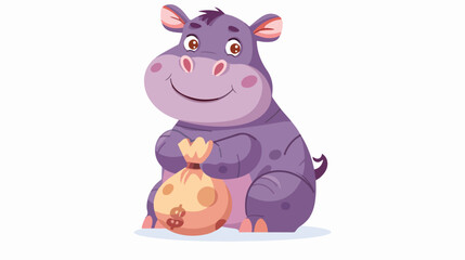 Cute hippopotamus in a money bag. Animal cartoon conc
