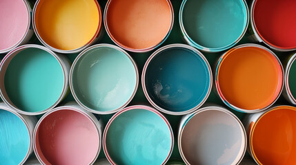Open Paint Cans in Vibrant Colors - Wallpaint with Creative Pastel Palette for Interior Design, Home Decoration and Renovation Concept. Top View Flat Lay.