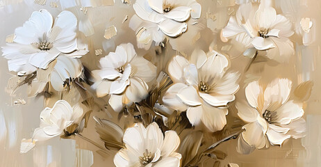 Oil painting with white lily flowers on a beige background, palette knife strokes - obrazy, fototapety, plakaty
