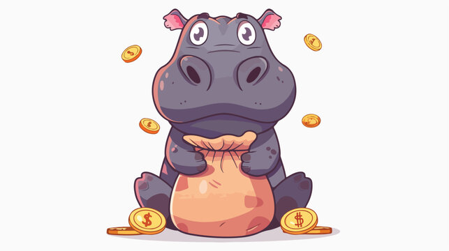 Cute hippopotamus in a money bag. Animal cartoon conc