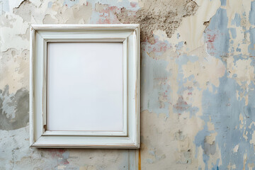Discreet vintage empty white frame on a shabby wall