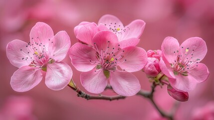   A tight shot of a pink blossom on a branch against a backdrop of other flowers; softly blurred background