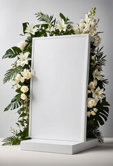 Elegant white podium with background of floral arrangement - Mockup