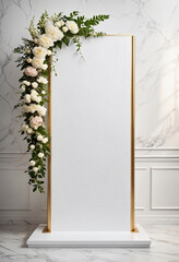 Elegant white podium with background of floral arrangement - Mockup