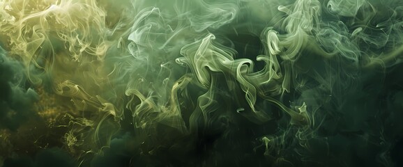 Olive green clouds of smoke creating mesmerizing patterns against a backdrop of rich gold. - obrazy, fototapety, plakaty