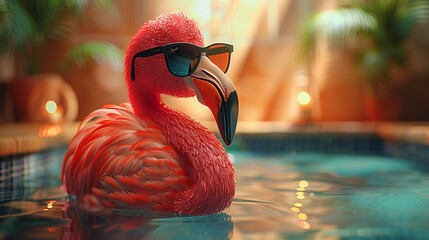 Cartoon flamingo in sunglasses lounging beside a kidney-shaped pool - obrazy, fototapety, plakaty