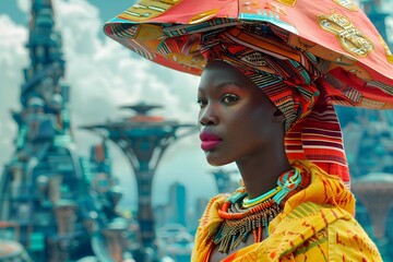 Afrofuturistic Fashion Feature: Reimagining Shrimp Textures in Advanced Cityscapes - obrazy, fototapety, plakaty