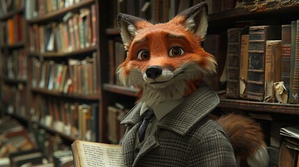 Cartoon fox in a tweed jacket browsing an antique bookstore - obrazy, fototapety, plakaty