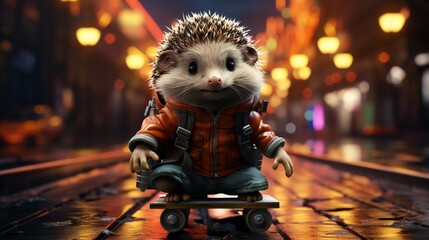 Cartoon hedgehog in roller skates - obrazy, fototapety, plakaty