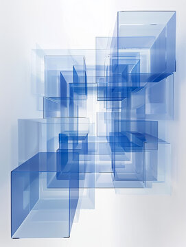A blue and white abstract image of a building made of blue glass