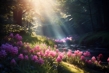A glade of pink flowers illuminated by the sun grows in a dense forest - obrazy, fototapety, plakaty