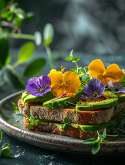 Obraz na płótnie Canvas Avocado toast with microgreens and edible flowers, a trendy and nutritious dish perfect for brunch Photo-realistic representation with a soft spotlight highlighting the dish