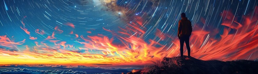 A budding photographer captures the stunning colors of the dawn sky with swirling star trails in a digital artwork inspired by nature. - obrazy, fototapety, plakaty