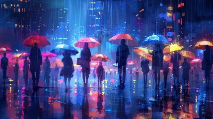 An illustration painting of a group of people holding umbrellas in the evening.