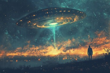 A futuristic setting depicting a spacecraft capturing a person during the evening, rendered in a digital art medium for a visually striking illustration. - obrazy, fototapety, plakaty