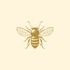 Bee detailed in dark, brown color, in the style of engraving, hand-drawn vector on a transparent background, logo