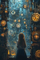 A teenage girl observing numerous keys hanging on the steampunk cave's wall in a digital art portrayal.