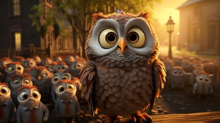 Classic animated owl teaching in a one-room schoolhouse