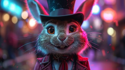 Classic animated rabbit pulling magic tricks from a top hat - obrazy, fototapety, plakaty