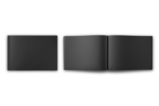 A4 Black Landscape Brochure or Magazine Mockup On a white background. Closed magazine and magazine spread pages. 3d rendering.